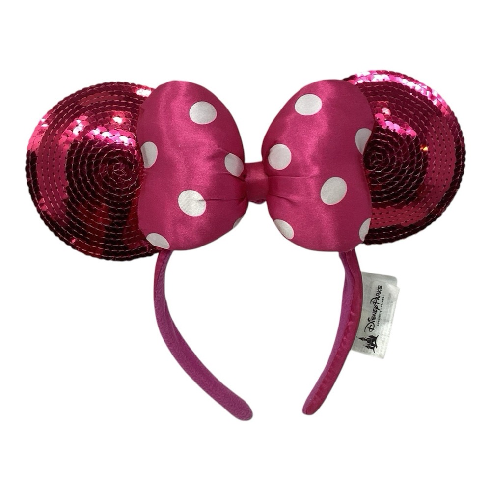 Disney Parks Authentic Minnie Mouse Ears Headband Hot Pink Polka Dot Bow Sequins